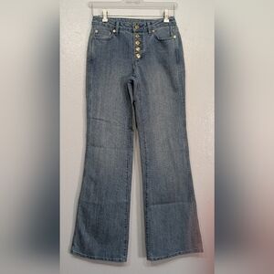 Michael Kors Blue Sun Fade Wash Flare Jeans with Gold Buttons